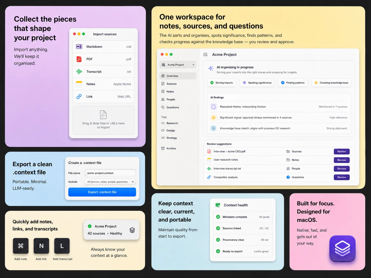 Context app — collect sources, AI organises and surfaces insights, export a clean .context file