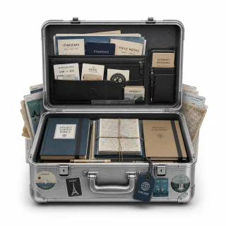 Open metal case packed with documents
