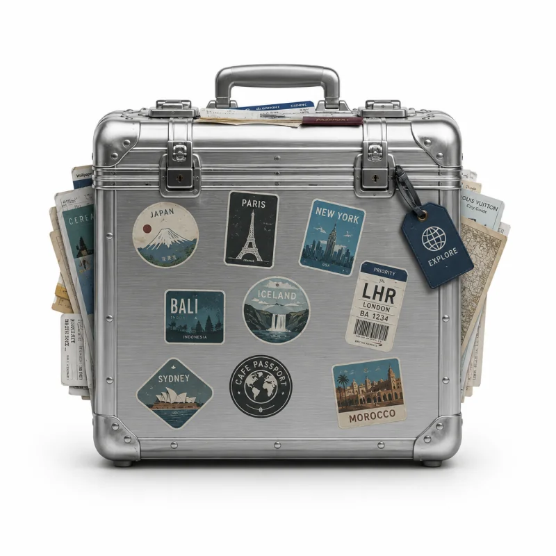 A metal travel case covered in destination stickers — a metaphor for portable, packed knowledge