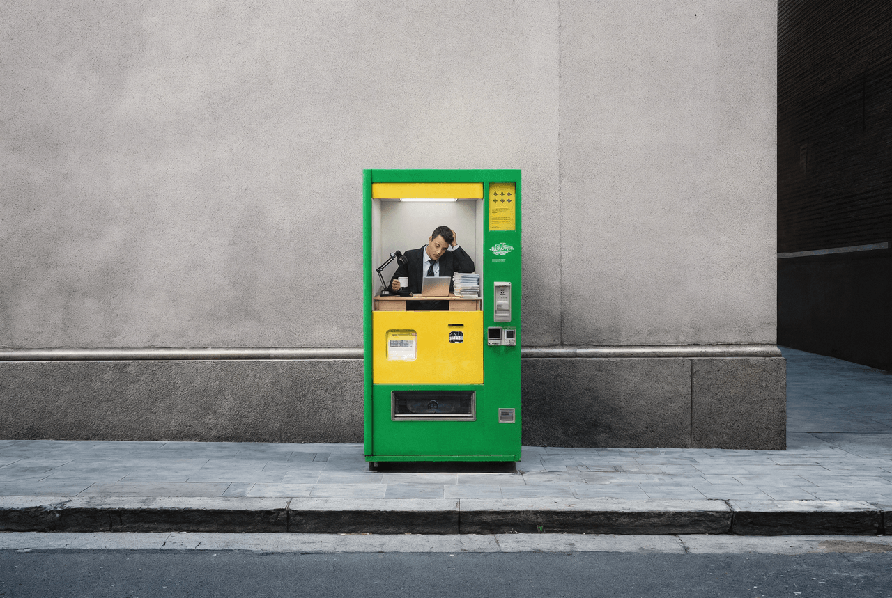 Mock-up: a worker inside a vending machine — colleagues in vending machines