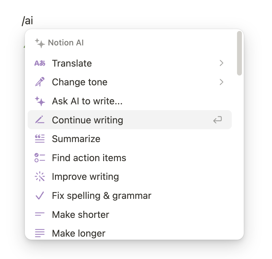 Notion AI slash command menu