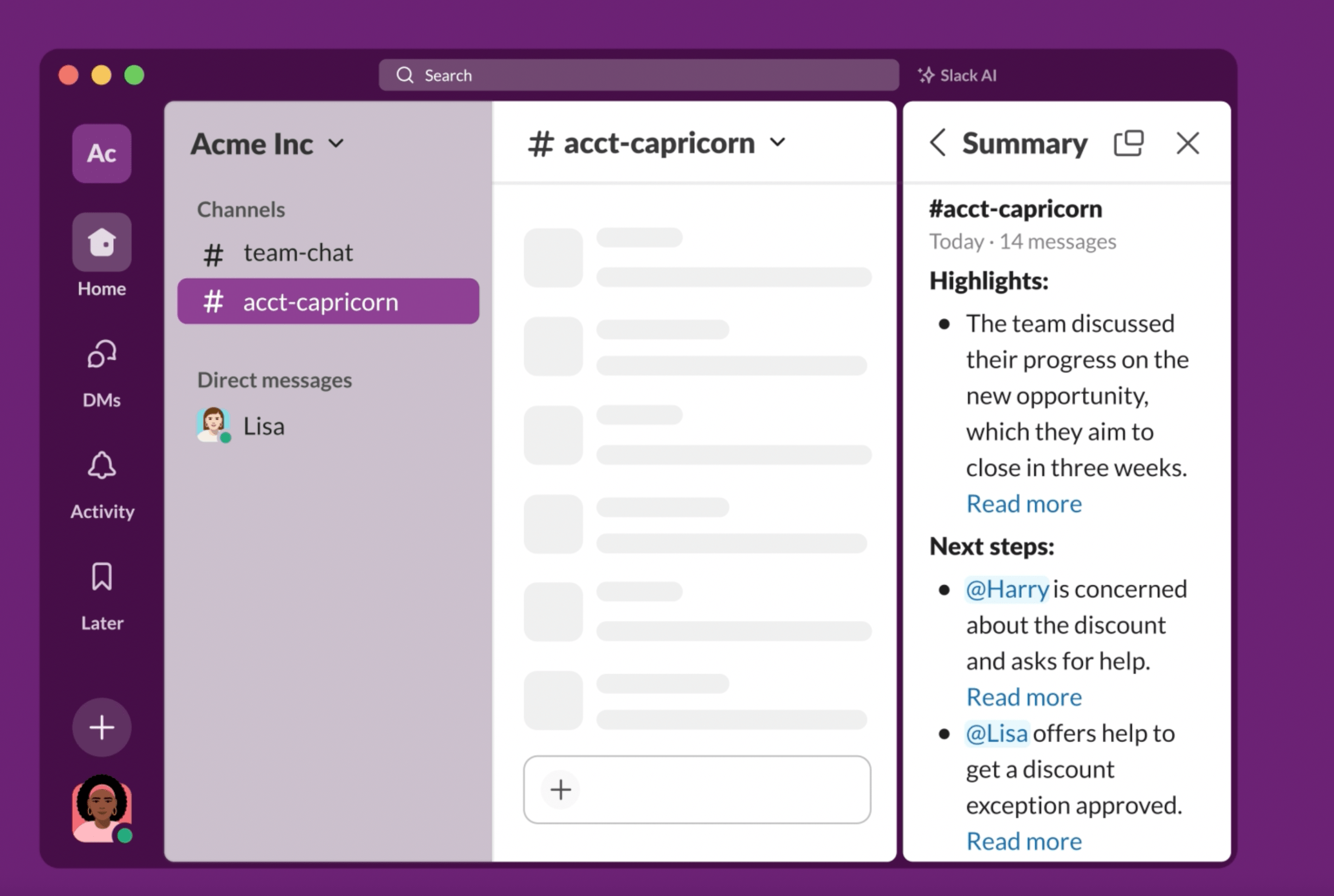 Slack thread summarization feature