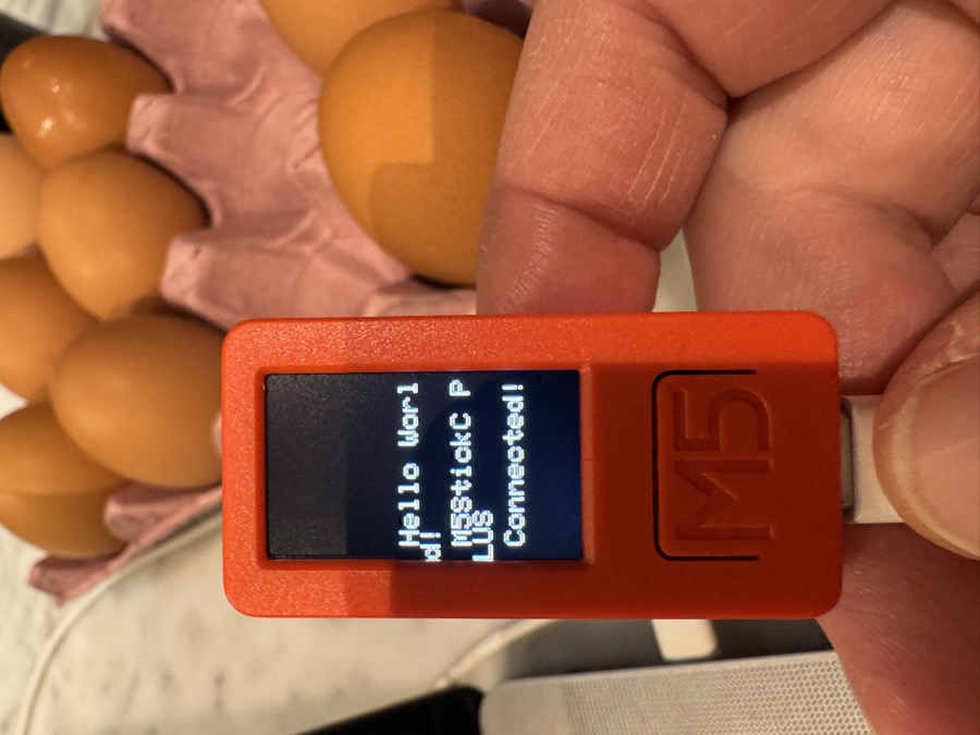 M5Stick displaying Hello World message, confirming the device is connected