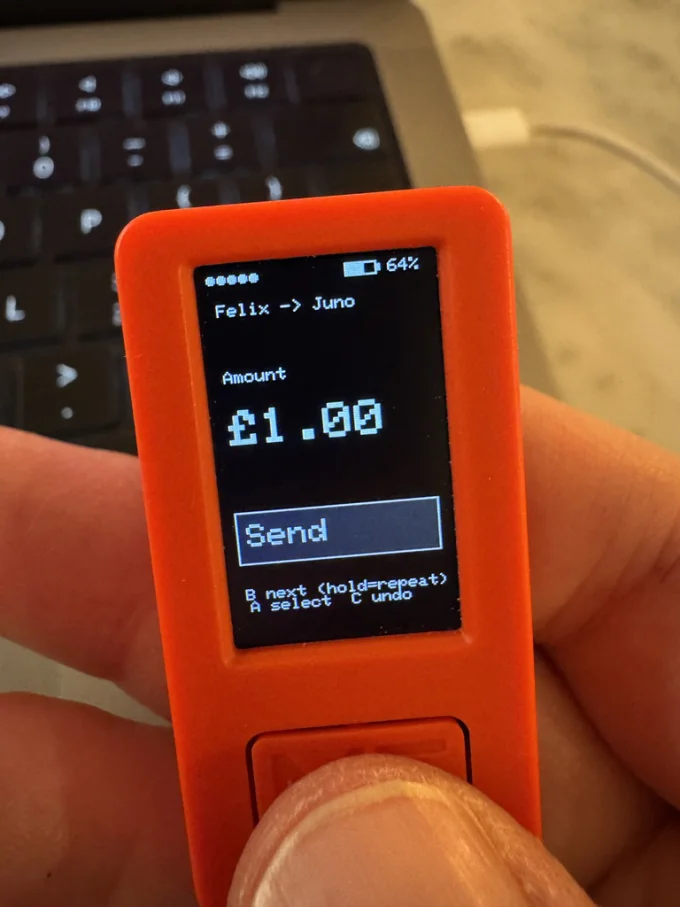 Ready to send: Felix to Juno £1.00 with Send selected