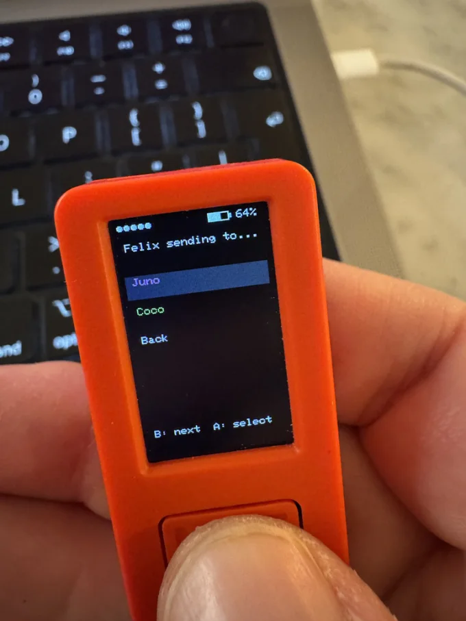 Felix sending to… Juno selected from list (Juno, Coco, Back)