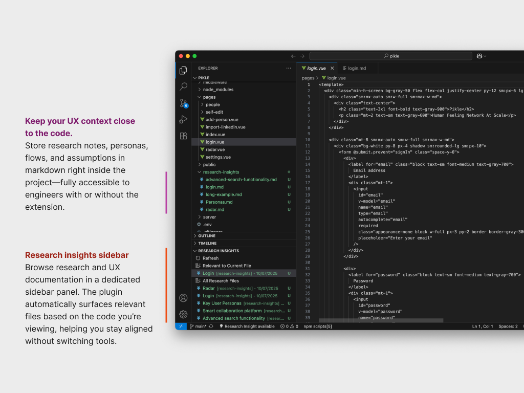 Screenshot of the VS Code plugin showing the research insights sidebar, with markdown documentation automatically surfaced next to relevant code.
