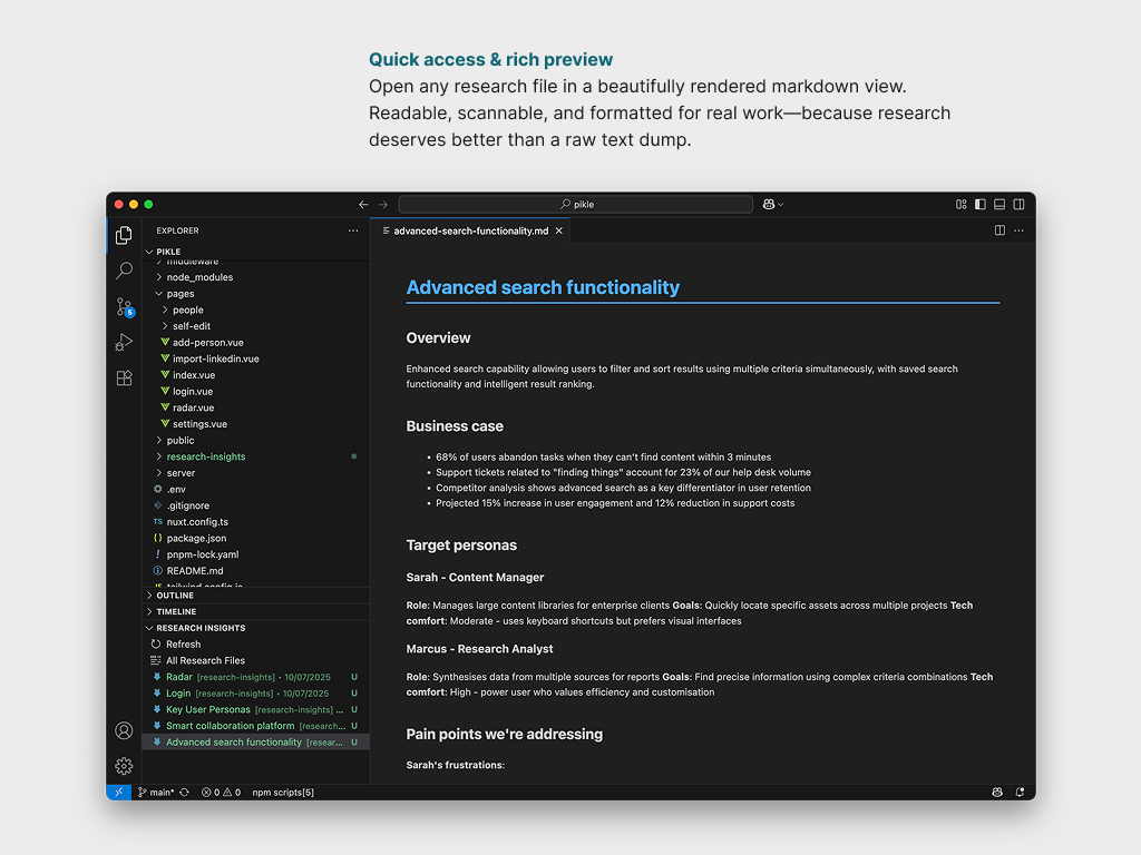 Markdown research file open in a webview panel inside VS Code, displaying a styled, readable layout with headings, links, and formatting preserved.